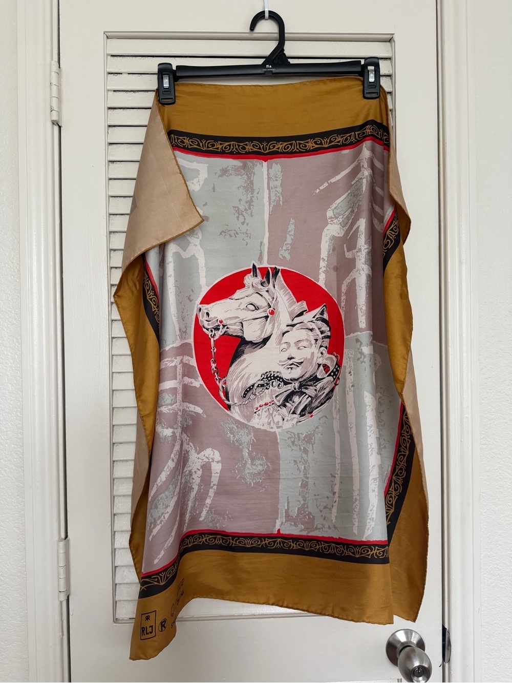 Vintage Qingyue Shanghai China Asian Horse Warrior Satin Scarf 32x32”